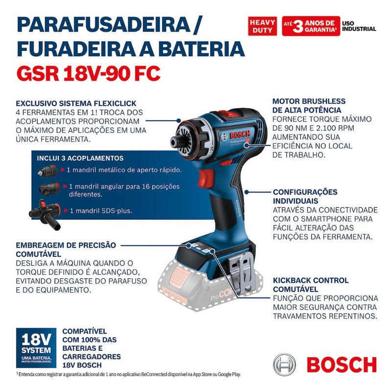 Furadeira e Parafusadeira Brushless GSR 18V-90 FC 18V 3/8 Pol sem Bateria com Maleta BOSCH-06019K62E0-000
