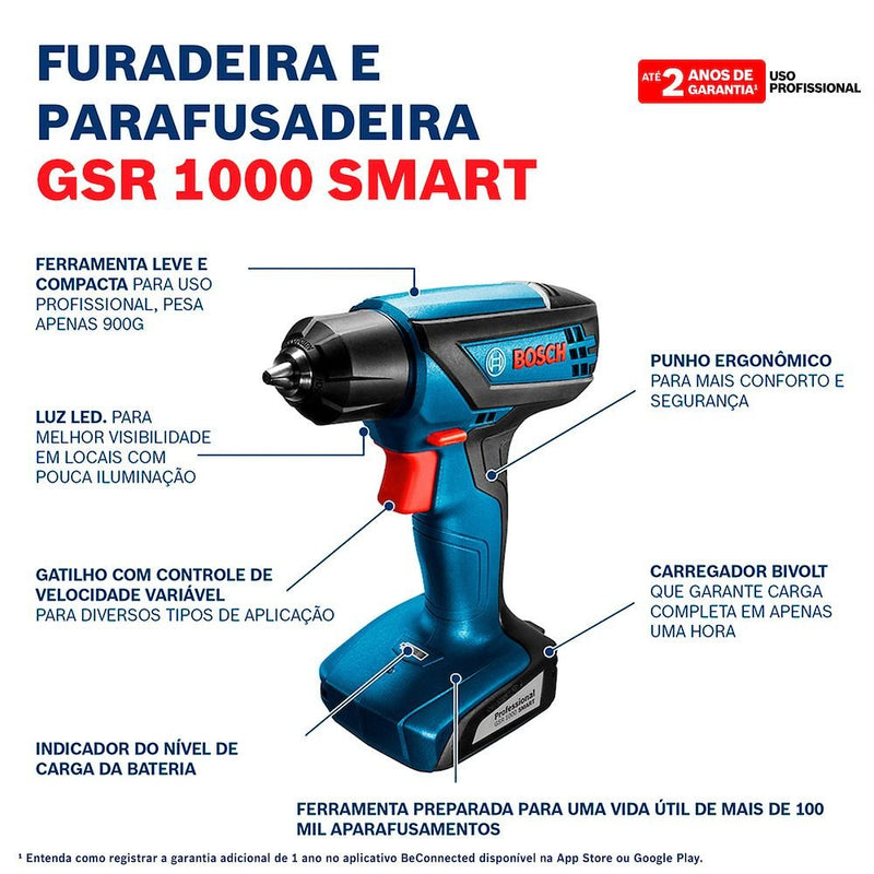 Furadeira Parafusadeira 12V GSR 1000 Smart 3/8 Pol. com Bateria 1,5Ah Embutida e Carregador Bivolt BOSCH-06019F40E4-000