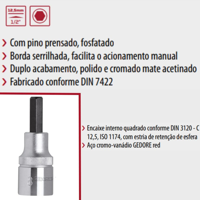 Chave Soquete Ponta Hexagonal de 6mm com Encaixe de 1/2 Pol.. GEDORE RED-R62550610