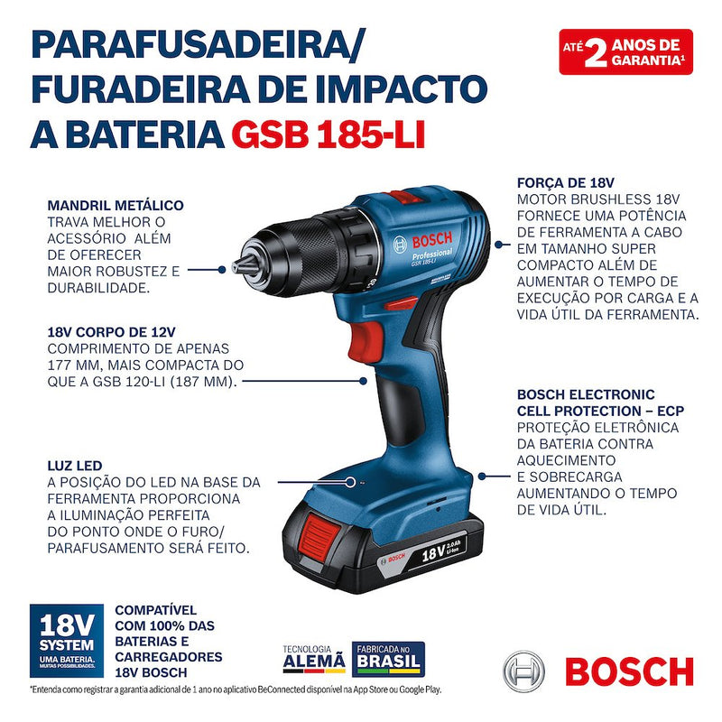 Furadeira Parafusadeira de Impacto 18V GSB 185LI-2BX 1/2 Pol. com 2 Baterias 2Ah, Jogo de Bits 23 Peças, Carregador Bivolt e Maleta BOSCH-06019K31E7-000
