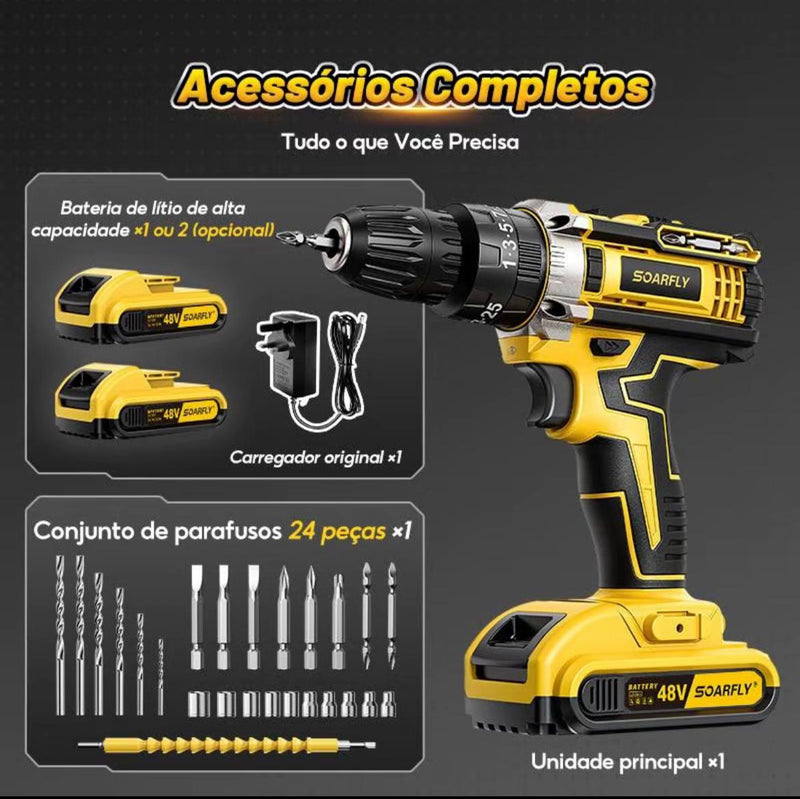 Kit 3 em 1 Parafusadeira e Furadeira 48V Profissional - 2 Baterias, Alta Performance