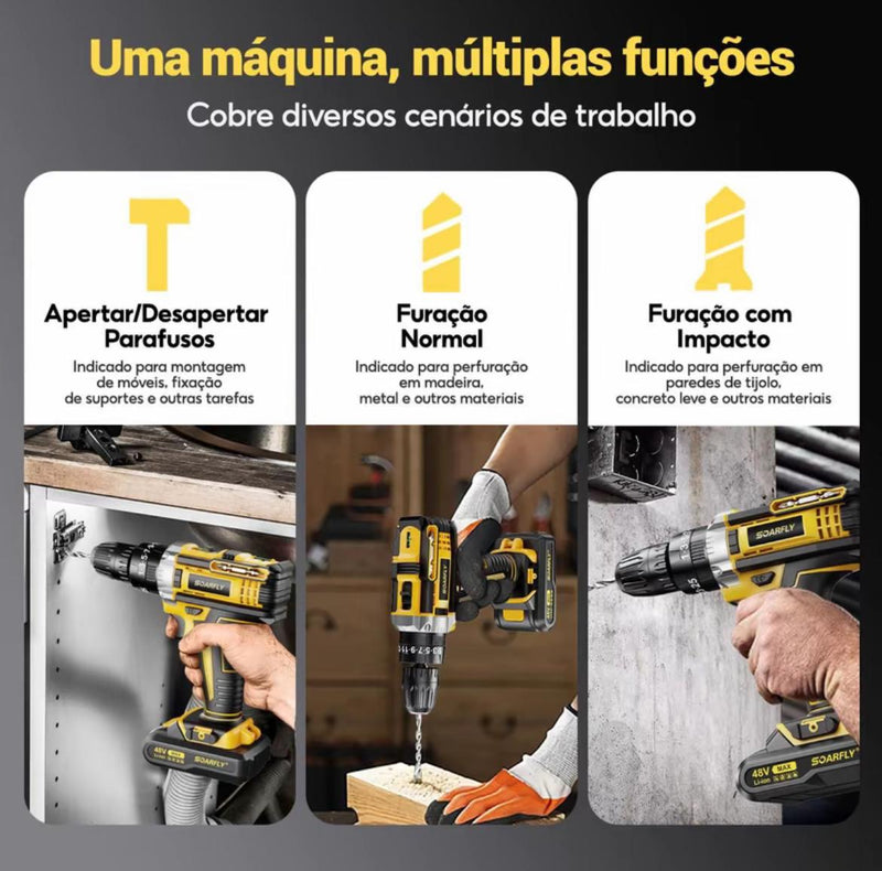 Kit 3 em 1 Parafusadeira e Furadeira 48V Profissional - 2 Baterias, Alta Performance